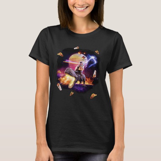 Retro Synthwave Laser Pizza Cat Riding Dinosaurier T-Shirt (Vorderseite)