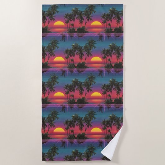 Retro Synthwave Palm Tree Sunset Pattern Strandtuch (Vorderseite)