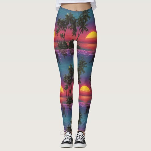 Retro-Synthwave-Palmenbaum-Sonnenuntergang-Muster Leggings (Vorderseite)