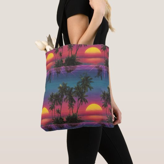 Retro-Synthwave-Palmenbaum-Sonnenuntergang-Muster Tasche (Von Nahem)