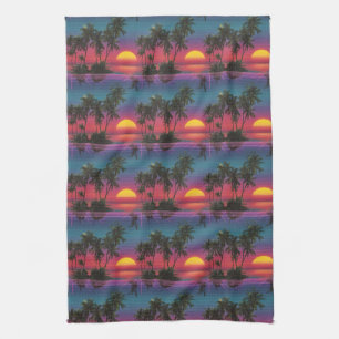 Retro Synthwave Palmenbaum-Sonnenuntergangs-Muster Geschirrtuch