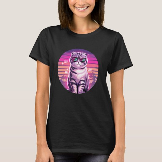 Retro Synthwave Scottish Fold Katze Sonnenbrille C T-Shirt (Vorderseite)