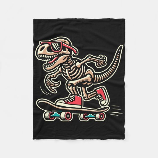 Retro T-Rex Skelett Dinosaurier Skateboard fahrend Fleecedecke (Vorderseite)