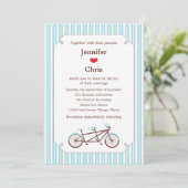 Retro Tandem Bicycle Blue & White Striping Wedding Einladung (Stehend Vorderseite)