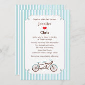 Retro Tandem Bicycle Blue & White Striping Wedding Einladung (Vorne/Hinten)