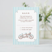Retro Tandem Bicycle Blue & White Striping Wedding Einladung (Stehend Vorderseite)