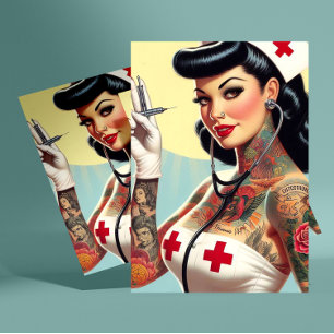 Retro-Tätowierte Pin-up-Krankenschwester Postkarte
