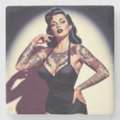 Retro tätowierte Pin-up Steinuntersetzer (Vorderseite)