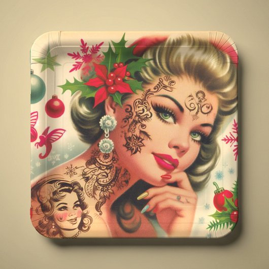 Retro-Tätowiertes-Christmädchen Pappteller