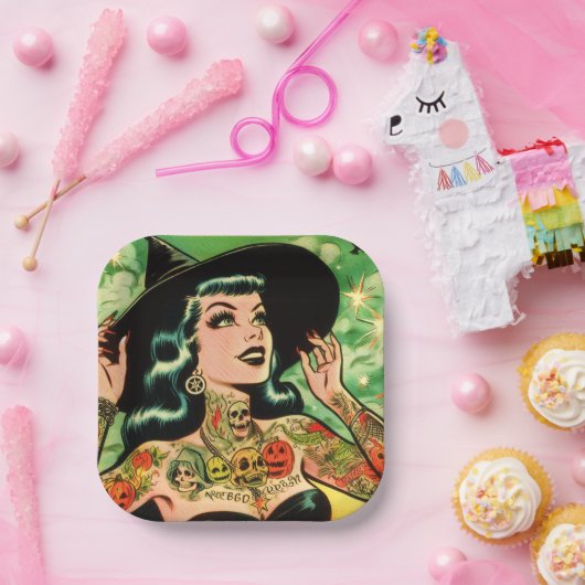 Retro Tattoed Hexe Comic Pappteller (Party)