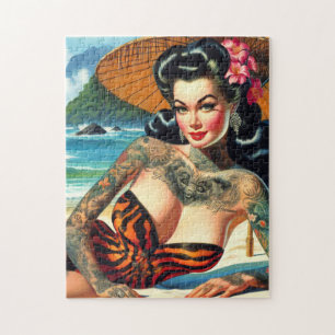 Retro Tattoo Beach Button-up Puzzle