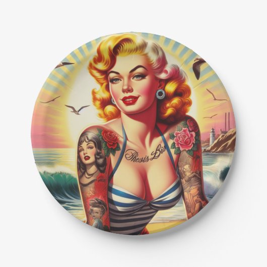 Retro Tattooed Bikini Button-up Pappteller (Vorderseite)