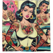 Retro Tattooed Button-up-Comicen Duschvorhang (Vorderseite)
