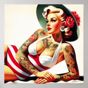Retro Tattooed Swimsuit Button-up Poster