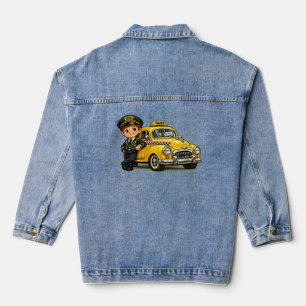 Retro-Taxifahrer-Junge mit Vintage-Gelbem Auto T-S Jeansjacke
