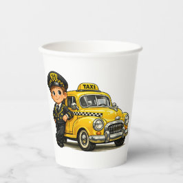 Retro-Taxifahrer-Junge mit Vintage-Gelbem Auto T-S Pappbecher