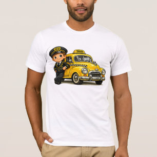 Retro-Taxifahrer-Junge mit Vintage-gelbem Auto-T-S T-Shirt