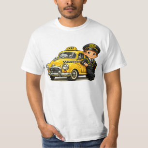 Retro-Taxifahrer-Junge mit vintage-gelbem Auto T-Shirt