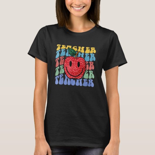 Retro Teacher Apple Leopard Groovy Back To School T-Shirt (Vorderseite)