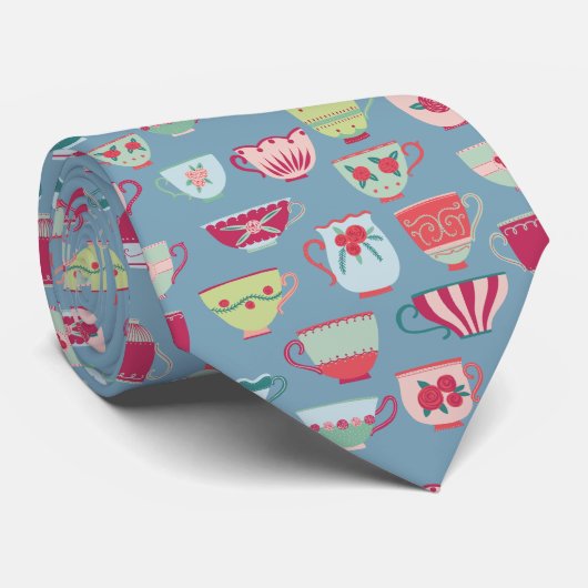 Retro Teacup Muster Blau Krawatte (Gerollt)