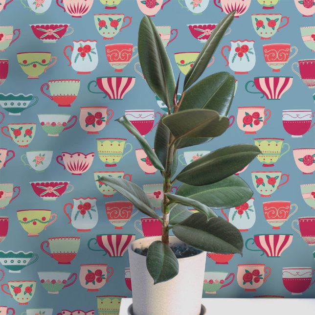 Retro Teacups Aquamarin Tapete (Retro teacup pattern art wallpaper)