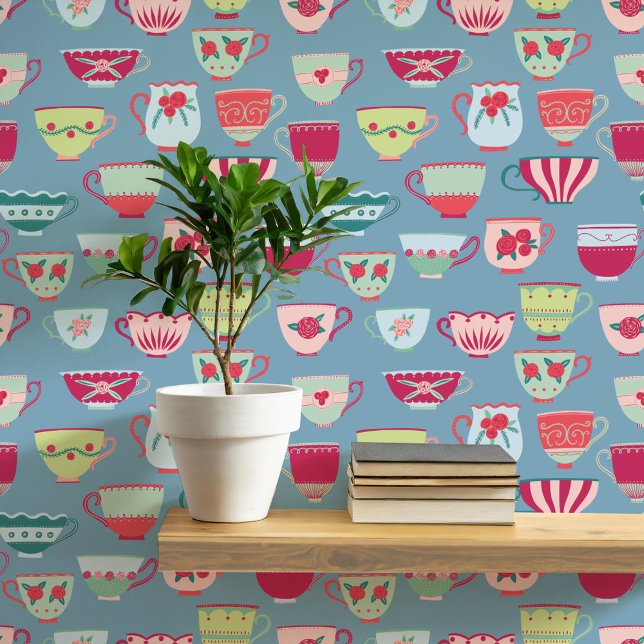 Retro Teacups Aquamarin Tapete (Retro teacup pattern art wallpaper)