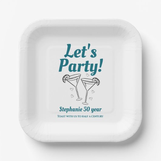 Retro Teal Cocktail Woman's 50th Birthday Party Pappteller (Vorderseite)