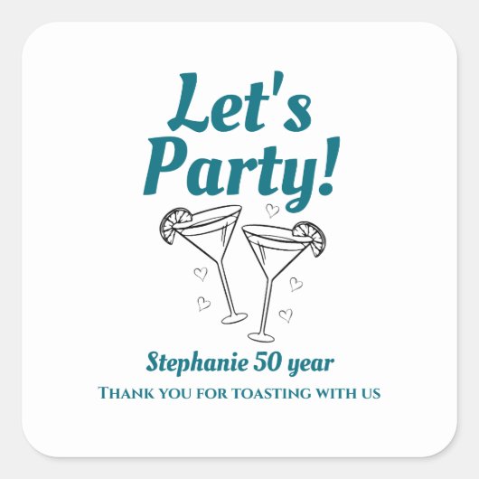 Retro Teal Cocktail Woman's 50th Birthday Party Quadratischer Aufkleber (Vorderseite)