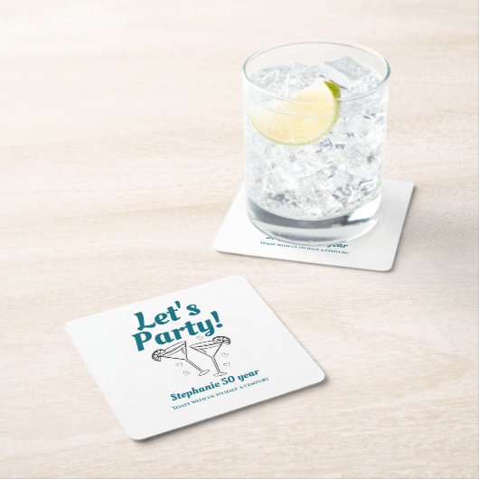 Retro Teal Cocktail Woman's 50th Birthday Party Rechteckiger Pappuntersetzer (Vor Ort)