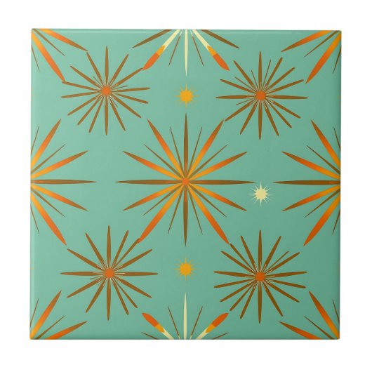 Retro Teal Orange Starburst Pattern Fliese (Vorderseite)