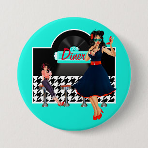 Retro-Teal-Schwarz-Weiß-Karuiert 1950er Diner Button
