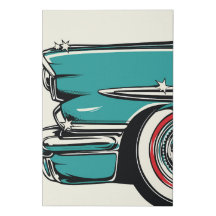 Retro Teal Sports Car Front Pop Art Illustration