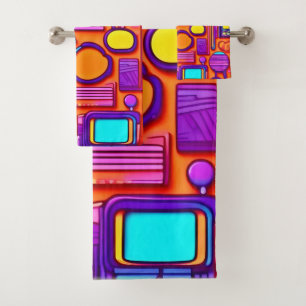 Retro Tech Pop: Nostalgische Gadget Collage Badhandtuch Set
