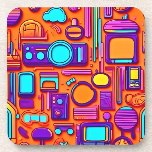 Retro Tech Pop: Nostalgische Gadget Collage Getränkeuntersetzer (Vorderseite)