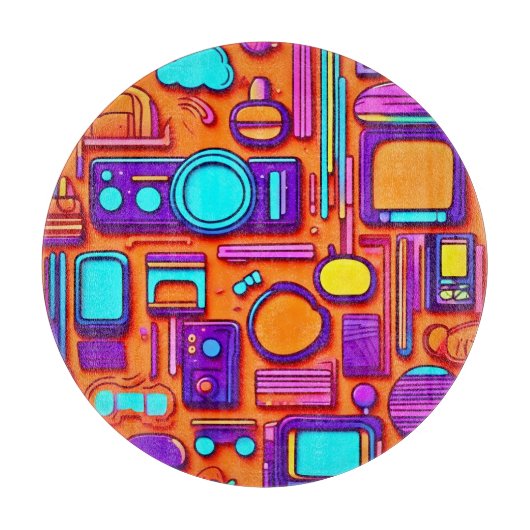 Retro Tech Pop: Nostalgische Gadget Collage Schneidebrett (Vorderseite)