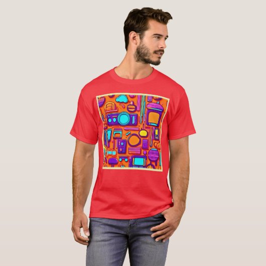 Retro Tech Pop: Nostalgische Gadget Collage T-Shirt (Vorne ganz)