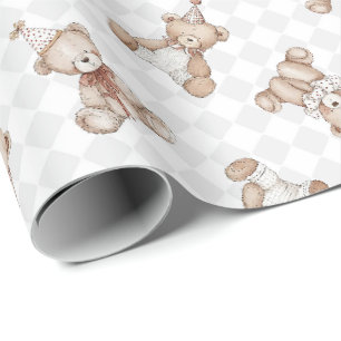 Retro Teddybär Nostalgie Rüschen kariert  Geschenkpapier