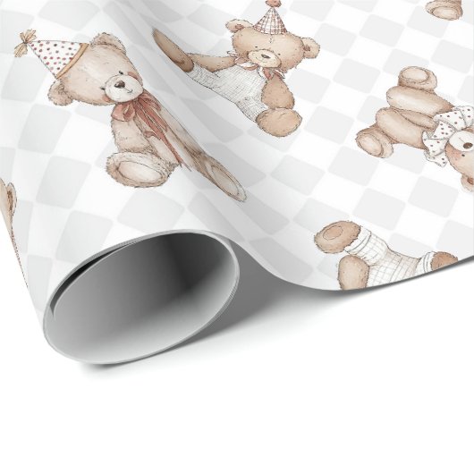 Retro Teddybär Nostalgie Rüschen kariert  Geschenkpapier (Rolleneckpunkt)