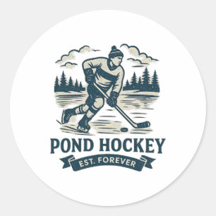 Retro-Teich-Hockeyspieler Gefrorener See Winter  Runder Aufkleber