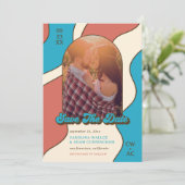 Retro Terracotta and Sky Blue 70s Graphic Art Save The Date (Stehend Vorderseite)