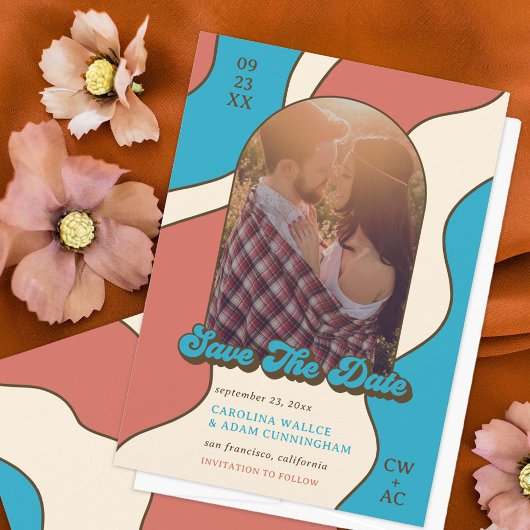 Retro Terracotta and Sky Blue 70s Graphic Art Save The Date