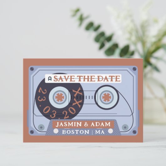 Retro Terracotta Cassette Tape Wedding Save The Date (Stehend Vorderseite)