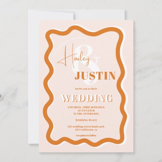 Retro Terracotta-Kurve quiggle wavy Hochzeitskohle Einladung (Vorderseite)