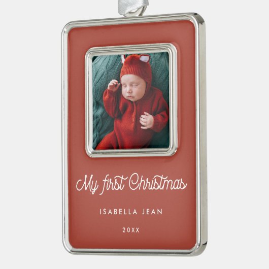 Retro Terracotta Mein erstes Weihnachtskind-Foto Rahmen-Ornament Silber (Links)