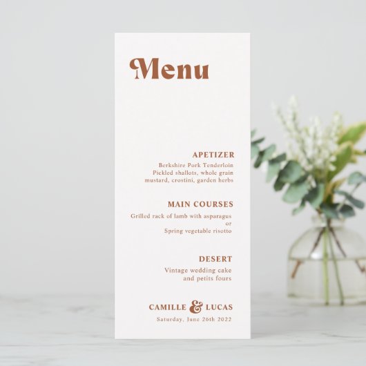 Retro Terracotta Rust Wedding Menu Menükarte (Stehend Vorderseite)