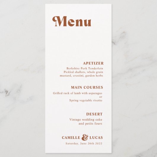 Retro Terracotta Rust Wedding Menu Menükarte (Vorderseite)