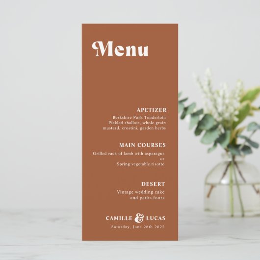 Retro Terracotta Rust Wedding Menu Menükarte (Stehend Vorderseite)
