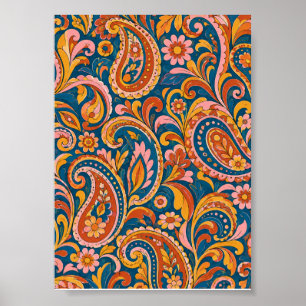 Retro Terrakotta und Marineblau Nahtloses Paisley- Poster