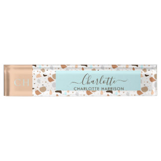 Retro Terrazzo Mosaic Earth Tones Patter Monogram Namensplakette