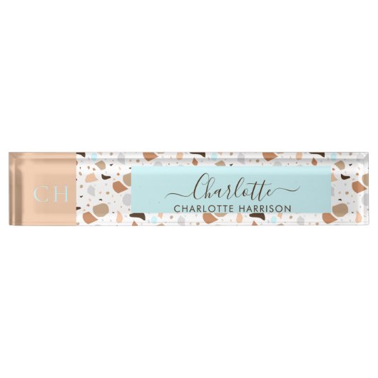 Retro Terrazzo Mosaic Earth Tones Patter Monogram Namensplakette (Vorderseite)